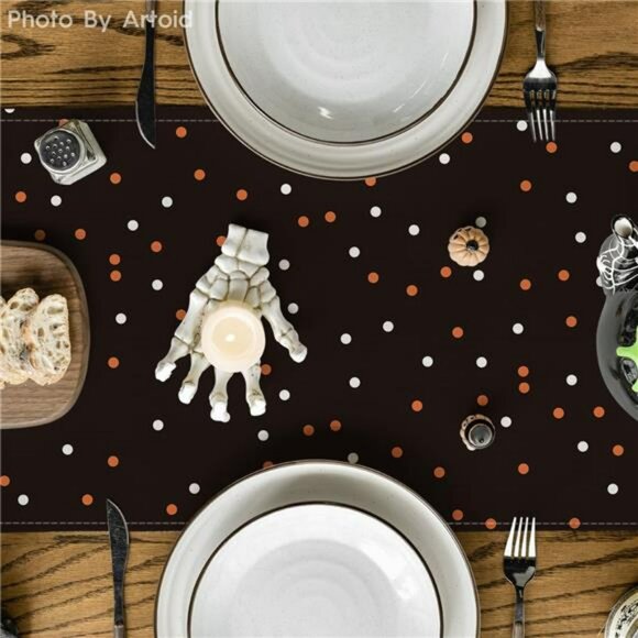 Halloween Table Runner 13x72 Black Boo Ghost Pumpkin Dots Fall Party Table Decor - Picture 3 of 7